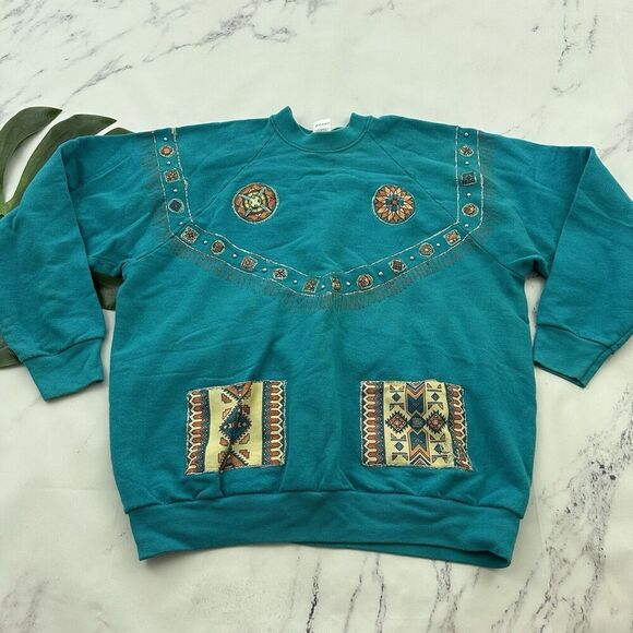 Fruit of The Loom Womens Vintage 90s Sweatshirt Size XL Turquoise Blue Southwest - Picture 1 of 11
